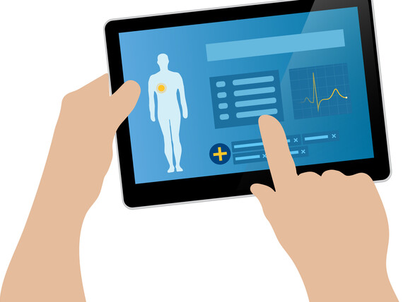 Schematische Darstellung eines Tablets, auf dem Patientendaten angezeigt werden.